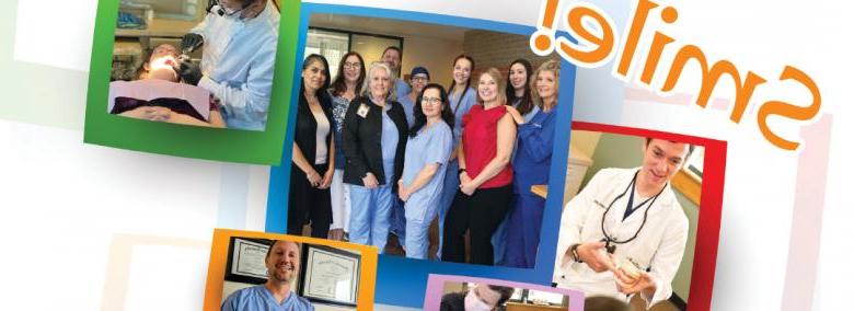 La palabra ¡Sonríe! con varias fotografías del personal de la Clínica Dental Familiar del Distrito de Salud en acción sobre formas rectangulares coloridas